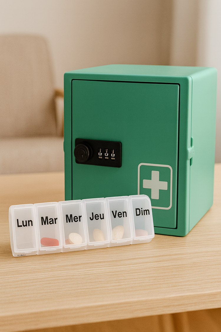 Boîte à médicaments verte avec code de sécurité et pilulier hebdomadaire, illustrant l’organisation et le rangement des traitements au quotidien.