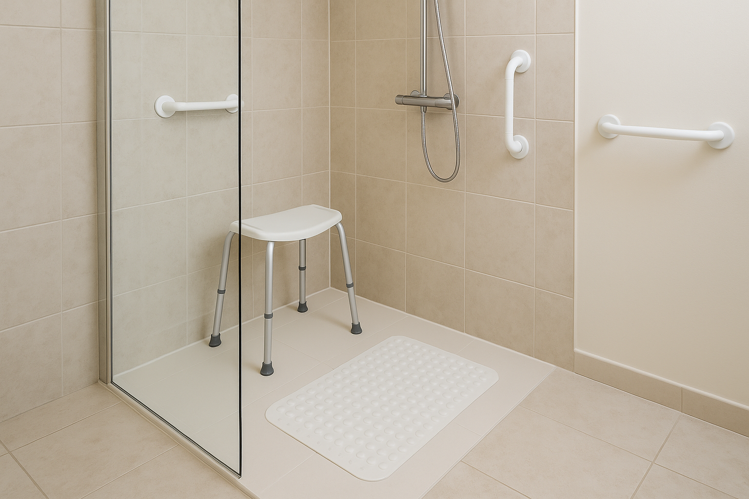Salle de bain sécurisée avec siège de douche, barres d’appui et tapis antidérapant, illustrant le confort et le bien-être à domicile.