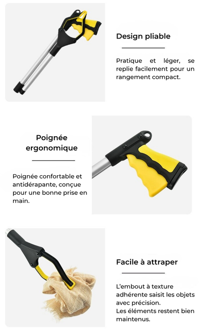 Caractéristiques de la pince de préhension avec design pliable, poignée ergonomique et embout adhérent pour une prise sûre.