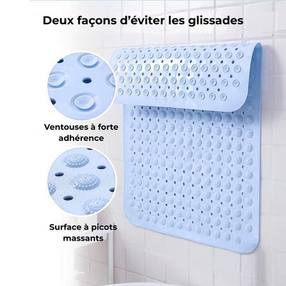 Tapis de bain antidérapant bleu avec ventouses à forte adhérence et surface à picots massants pour plus de sécurité.