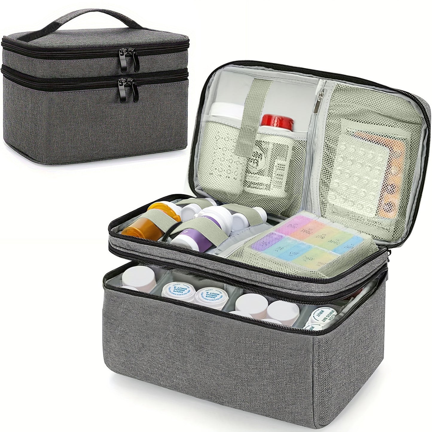 Trousse de rangement pour médicaments gris, compartimentée avec pilulier, flacons et poches zippées, idéale pour les déplacements.
