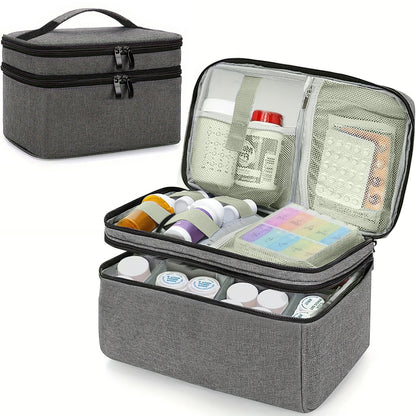 Trousse de rangement pour médicaments gris, compartimentée avec pilulier, flacons et poches zippées, idéale pour les déplacements.