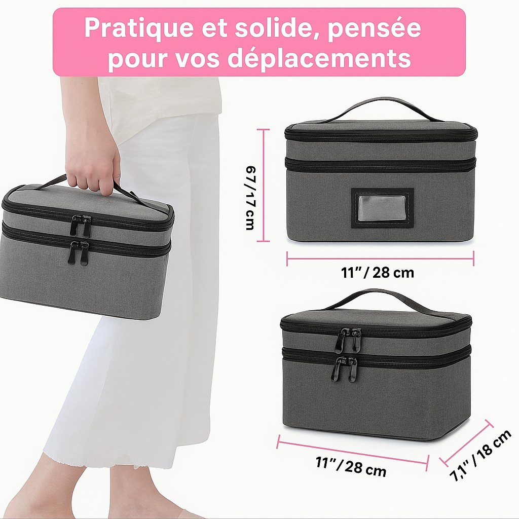 Trousse de rangement pour médicaments avec poignée solide, pensée pour les déplacements, dimensions 28 × 18 × 17 cm.