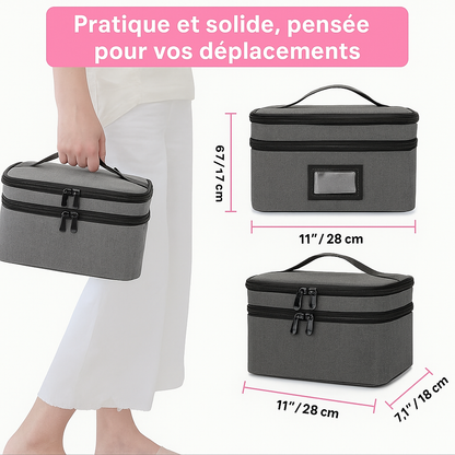 Trousse de rangement pour médicaments avec poignée solide, pensée pour les déplacements, dimensions 28 × 18 × 17 cm.